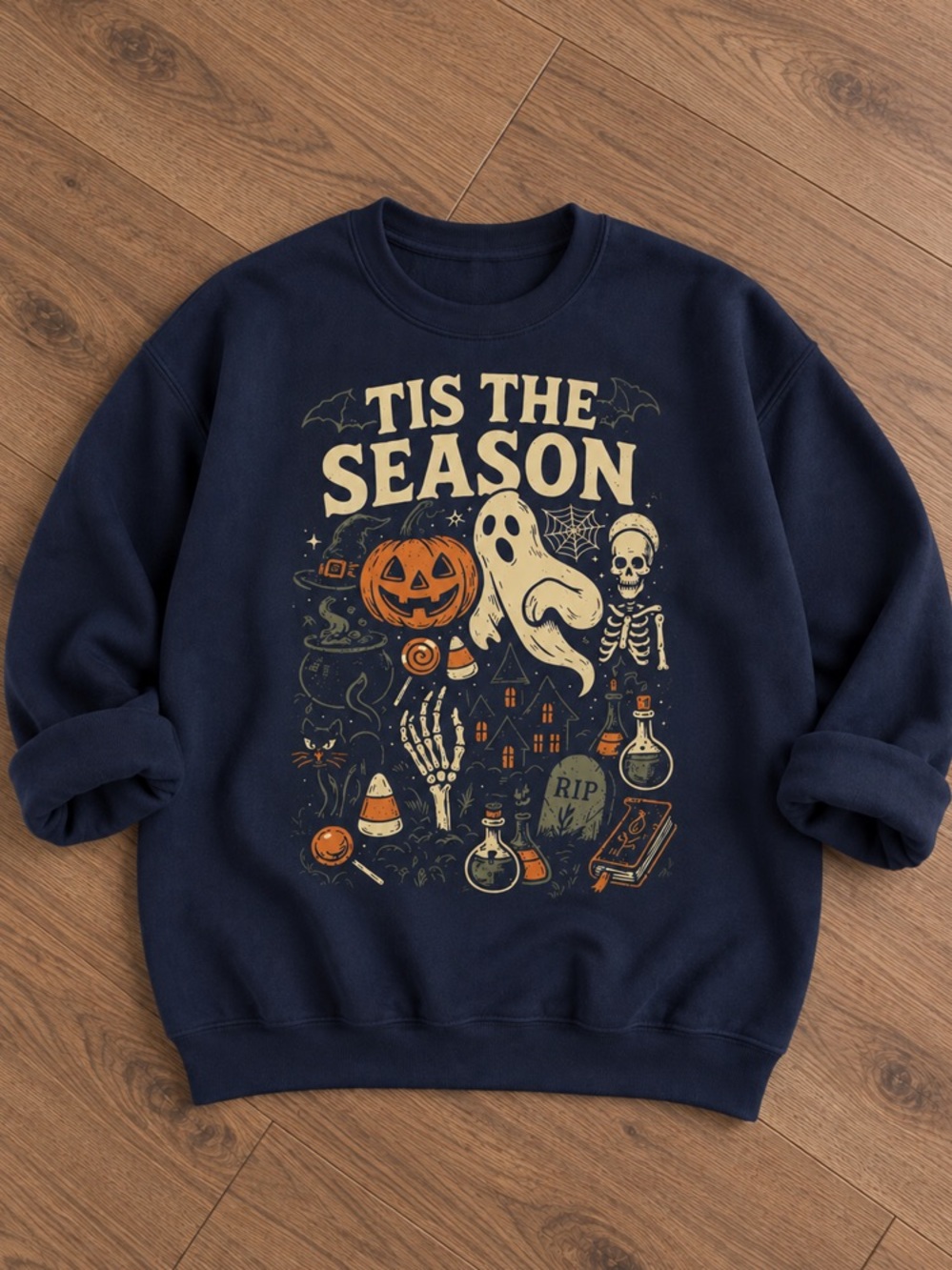 Tis The Season Ghost and Pumpkins Halloween Graphic Navy Sweatshirt